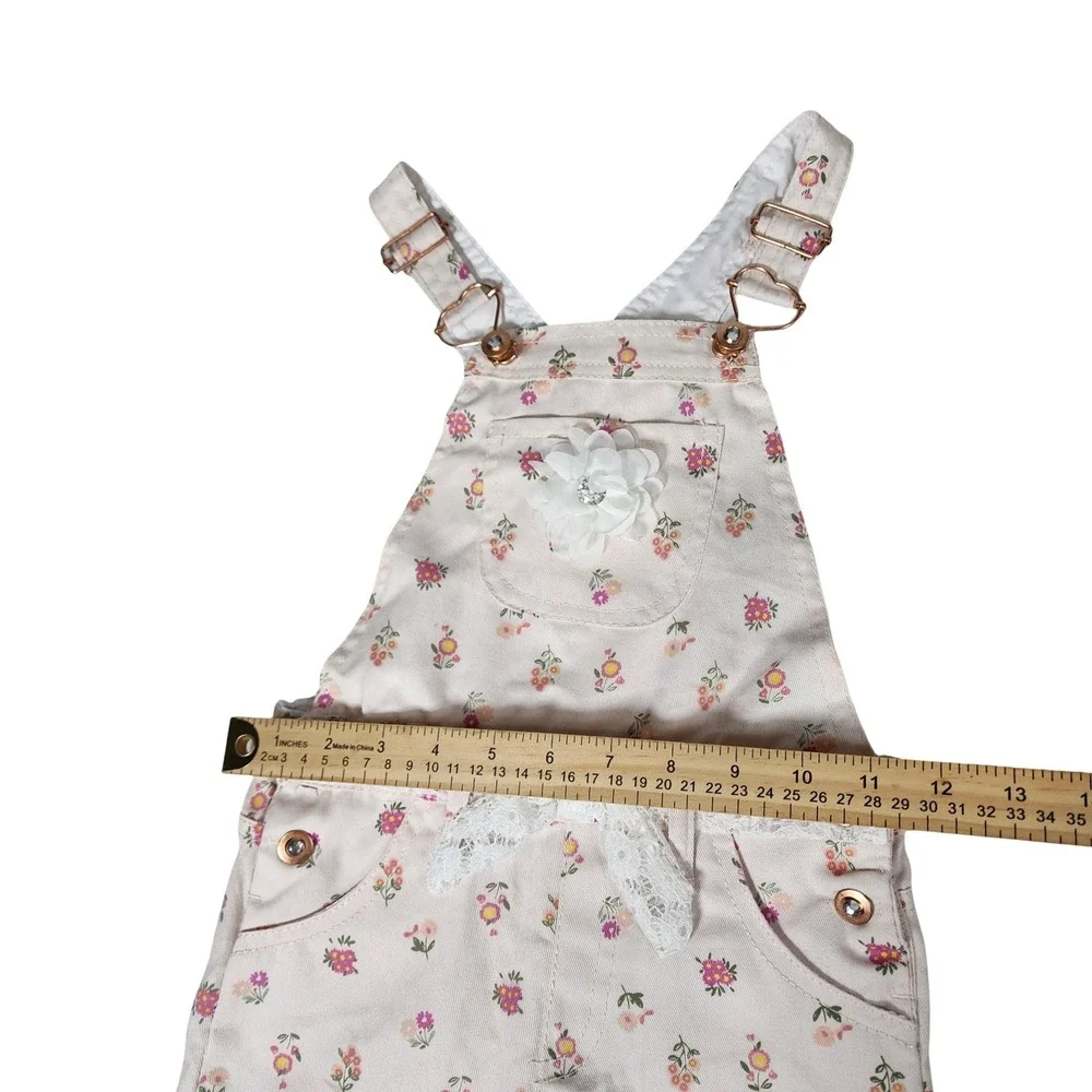 Girls Pink Floral Denim Shortalls with Lace Bow and 3D Flower Size 5